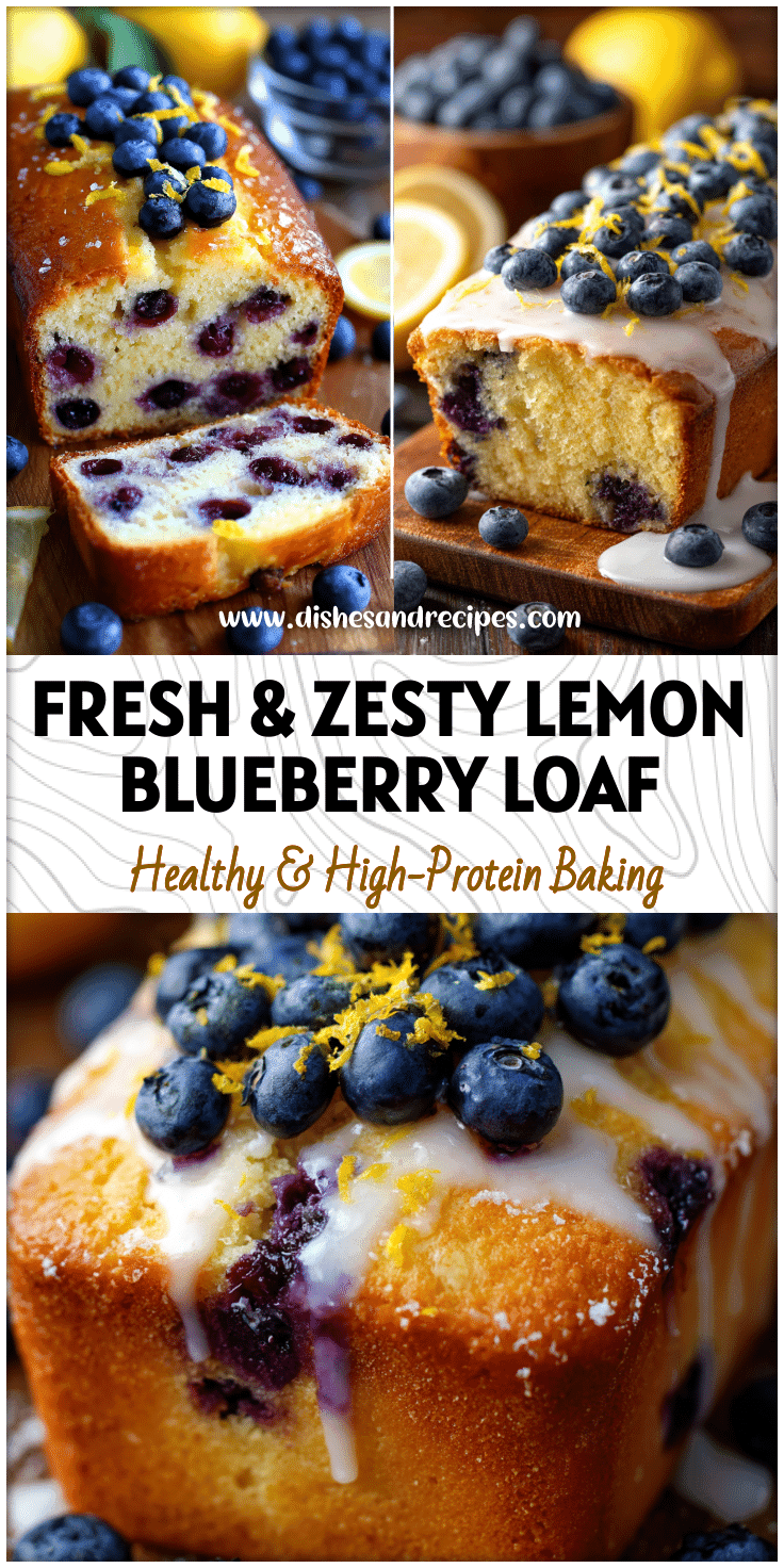 Golden Lemon Blueberry Bread loaf topped with fresh blueberries and lemon zest, a healthy blueberry dessert idea.